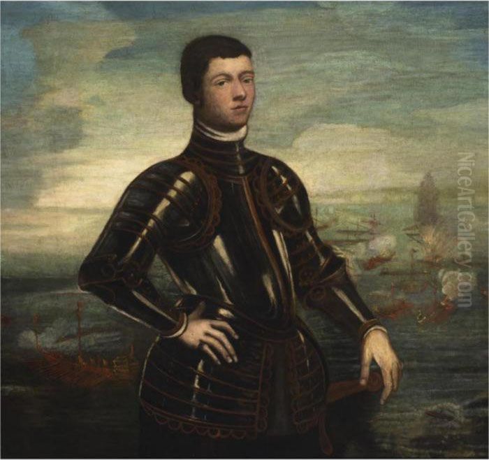 A Portrait Of A Young Admiral, 
Standing Three-quarter Length, Wearing Armour, Before A Naval Battle Oil Painting by Jacopo Tintoretto (Robusti)