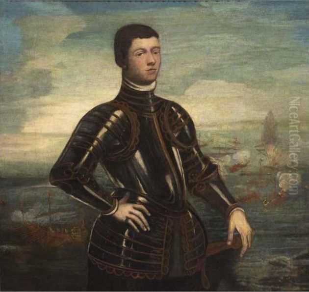 A Portrait Of A Young Admiral, 
Standing, Three-quarter Length, Wearing Armour, Before A Naval Battle Oil Painting by Jacopo Tintoretto (Robusti)
