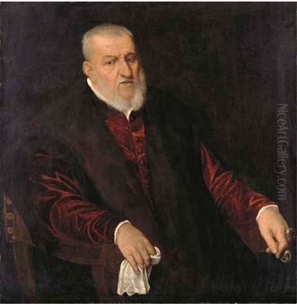 Portrait Of A Bearded Gentleman, Seated, Three-quarter-length, In A Red Velvet Doublet Oil Painting by Jacopo Tintoretto (Robusti)