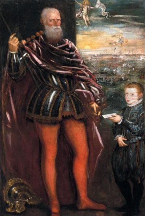 Ritratto Di Sebastiano Veniero Con Paggio, La Battaglia Di Lepanto Nello Sfondo Oil Painting by Jacopo Tintoretto (Robusti)