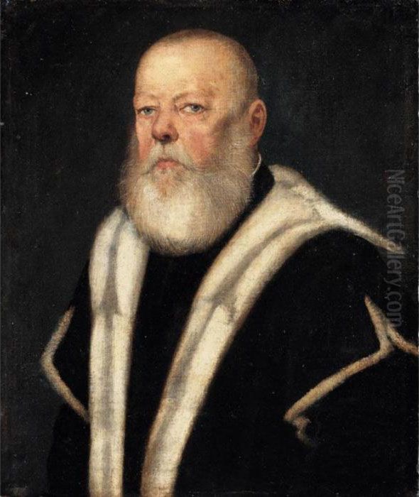 Portrait Of A Bearded Gentleman, Head And Shoulders, Wearing An Ermine-lined Black Coat Oil Painting by Jacopo Tintoretto (Robusti)