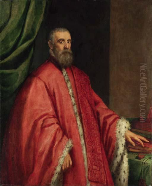 Portrait Of A Venetian Senator, 
Three-quarter-length, In Anermine-lined Robe, Beside A Table Oil Painting by Jacopo Tintoretto (Robusti)