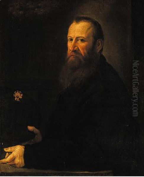 Portrait Of A Gentleman, Half-length, In Black Costume, Holding Ahat Oil Painting by Jacopo Tintoretto (Robusti)