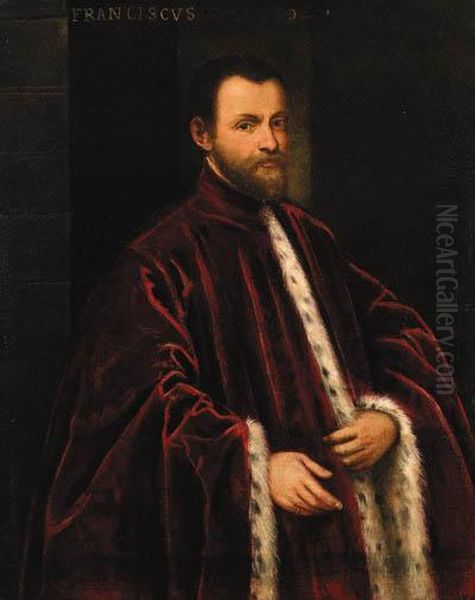 Portrait Of A Venetian Nobleman, Three-quarter-length, Wearing Anermine-lined Red Robe Oil Painting by Jacopo Tintoretto (Robusti)