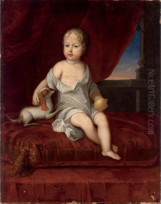 A Portrait Of A Young Boy, 
Seated Full-length On A Red Pillow, Holding A Lemon In His Hand, 
Together With A Dog Oil Painting by Johann Heinrich The Elder Tischbein