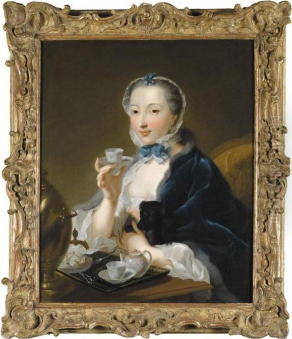 Artist's Wife Marie Sophie 
Robert Behind A Table And Holding A Cup Of Tea Oil Painting by Johann Heinrich The Elder Tischbein