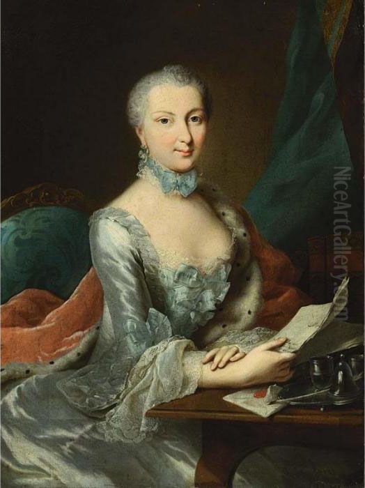 A Portrait Of A Lady, Seated 
Three-quarter Length At A Desk, Wearing A Blue Dress With An 
Ermine-lined Fur Mantle And Holding A Letter In Her Hand Oil Painting by Johann Heinrich The Elder Tischbein