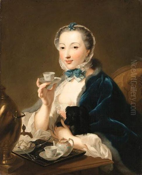 Portrait Of The Artist's Wife, 
Marie Sophie Robert, Half Length,with A Dog And Holding A Tea Cup Oil Painting by Johann Heinrich The Elder Tischbein