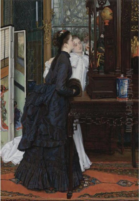 Young Ladies Admiring Japanese Objects Oil Painting by James Jacques Joseph Tissot