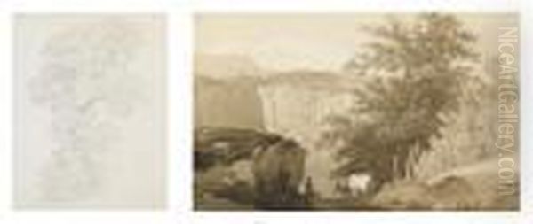 Sammelnummer Von Zwei Werken: 
'etude D'un Chene' Und 'berger Dans Un Paysage Avec Falaise Et Massif Du
 Mont-blanc' Oil Painting by Wolfgang-Adam Toepffer