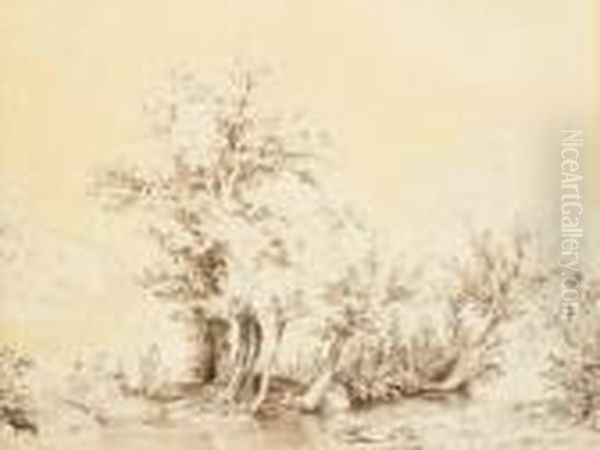 Un Paysage Boise Avec Des 
Personnages Lavant Du Linge Dans Unruisseau, Une Maison Dans Le Fond Oil Painting by Wolfgang-Adam Toepffer