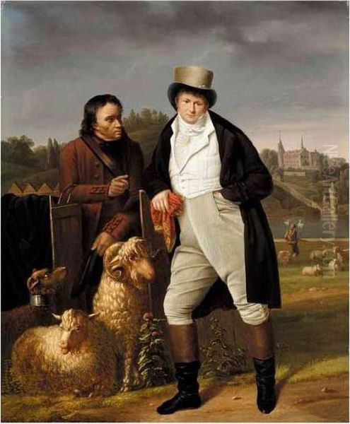 A Portrait Of A Gentleman With A
 Shepherd In An Extensive Parkland Landscape, With A Schloss Beyond Oil Painting by Wolfgang-Adam Toepffer