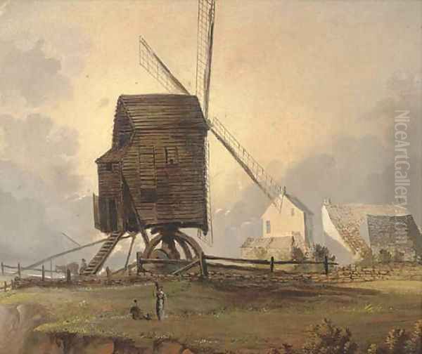 Figures before a coastal windmill Oil Painting by Norwegian School