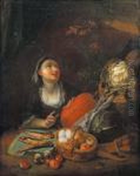 La Marchande De Poissons, De 
Legumes, D'oeufs Et De Fruits, Observant Deux Petits Oiseaux Se 
Becquetant Sur Une Branche Oil Painting by Jacob Van Toorenvliet