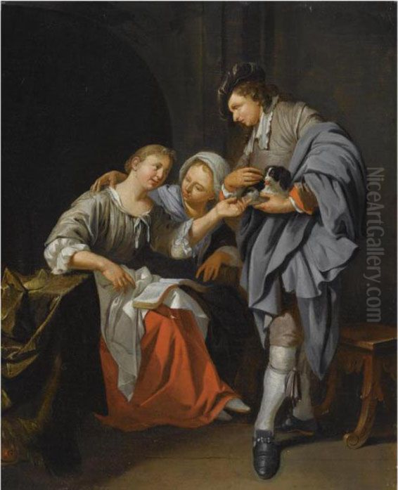 An Interior Scene With Two 
Seated Women Conversing With A Standingyoung Man, Elegantly Dressed, 
Holding A Dog Oil Painting by Jacob Van Toorenvliet