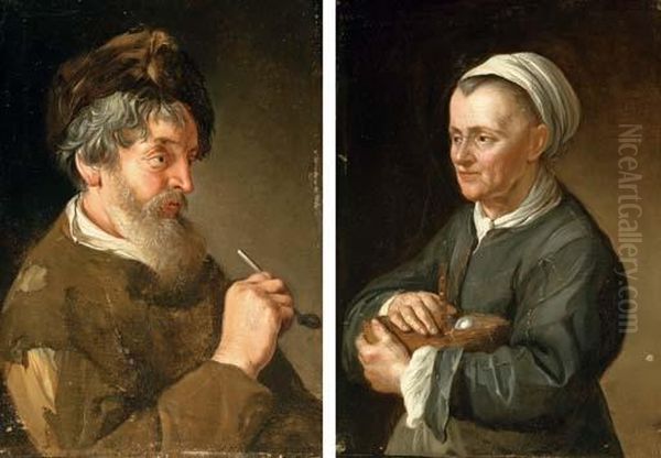 Portrait Of A Bearded Man 
Holding A Pipe; And Portrait Of A Woman Holding A Basket Of Eggs Oil Painting by Jacob Van Toorenvliet