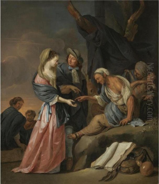 A Streetscene With A Young Lady Having Her Fortune Told Oil Painting by Jacob Van Toorenvliet