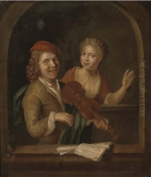 A Couple At A Casement, The Gentleman Playing The Violin Oil Painting by Jacob Van Toorenvliet