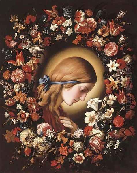 The Virgin Annunciate surrounded by a garland of flowers Oil Painting by Giovanni Battiata Salvi, Il Sassoferrato