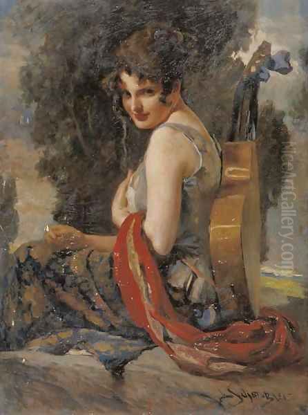 A gypsy girl with her guitar Oil Painting by Leopold Schmutzler