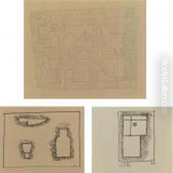 A Group Of Three Drawings: 
Drawing With Objects; Abstract Form; Objects With Lines In 
Contraposition Oil Painting by Joaquin Torres-Garcia