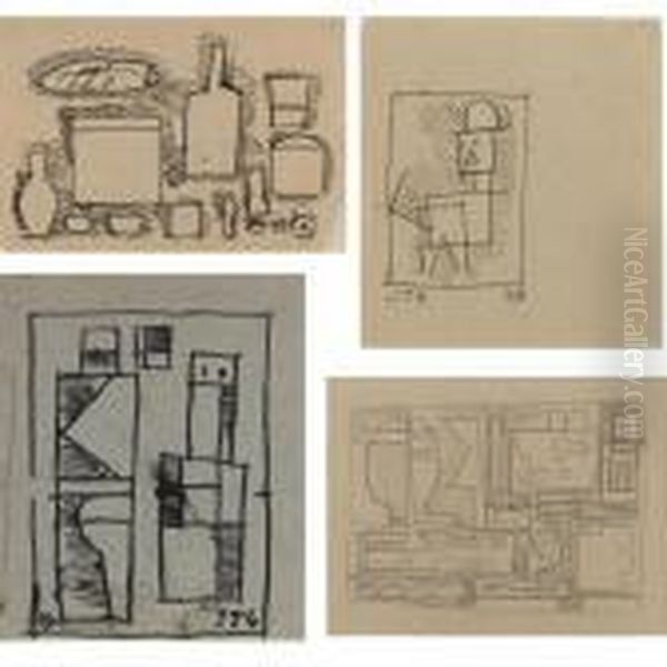 A Group Of Four Drawings: 
Objects (montevideo); Dos Figuras Abstractas; Un Hombre; Composicion Con
 Locomotiva Oil Painting by Joaquin Torres-Garcia