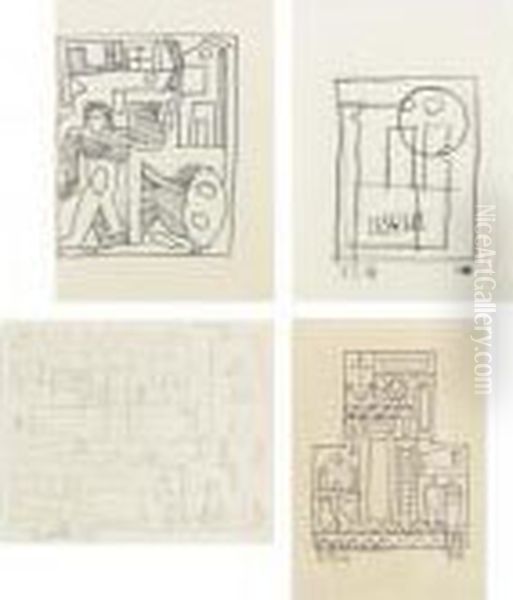 A Group Of Four Drawings: 
Abstract Constructivo; Untitled; Disque; Constructivo Con Formas Oil Painting by Joaquin Torres-Garcia