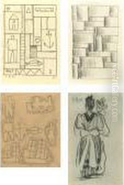 A Group Of Four Drawings: 
Constructive Drawing With Fish; Abstract Tubular; Constructivo Con 
Formas Solo; Madre Y Nino Oil Painting by Joaquin Torres-Garcia