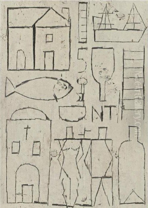 Grafismo Inciso Con Dos Figuras Oil Painting by Joaquin Torres-Garcia