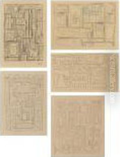 Group Of Five Drawings: 
Constructivo With Double Lines; Composition With Symbols; Constructive 
Drawing; Constructivo; Constructivo Pictograph Oil Painting by Joaquin Torres-Garcia