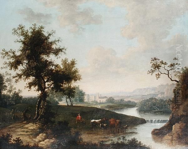 An Extensive River Landscape 
With A Drover And His Cattle Watering, A View To A Castle Beyond Oil Painting by Charles Towne