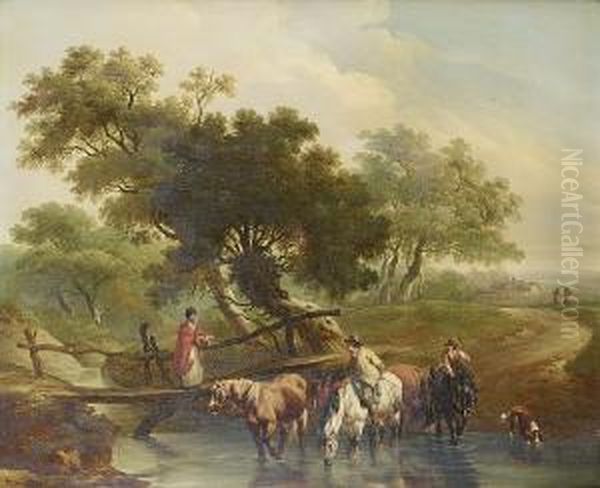 A Traveller With Cattle And 
Sheep On A Countrypath Before Ruins; And Horsemen Watering Their Horses 
At A Stream,a Young Woman Crossing Footbridge Oil Painting by Charles Towne