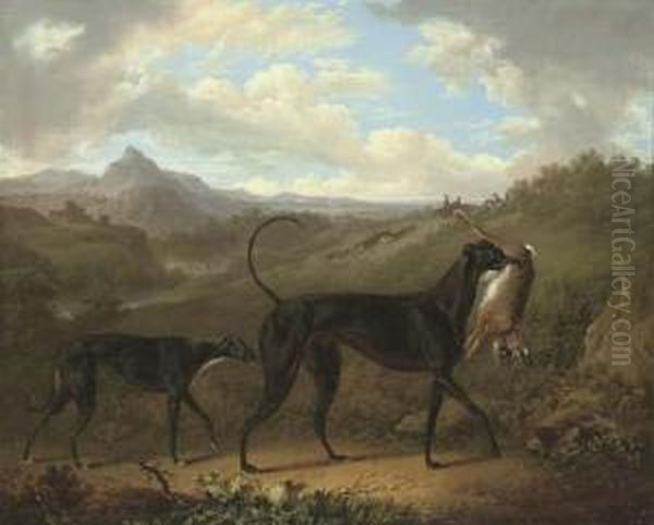 Two Greyhounds With A Hare, In 
An Extensive Mountainous Landscape With Huntsmen Coursing Beyond Oil Painting by Charles Towne