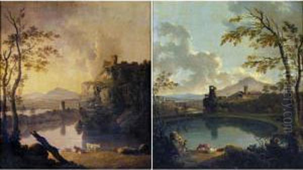 An Italianate Lake Landscape 
With A Herdsman And Cattle In The Foreground; And A View Of Lake Nemi Oil Painting by Charles Towne
