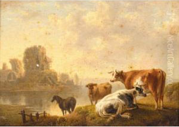 Horses And Sheep In A Landscape; Cattle By A River Oil Painting by Charles Towne
