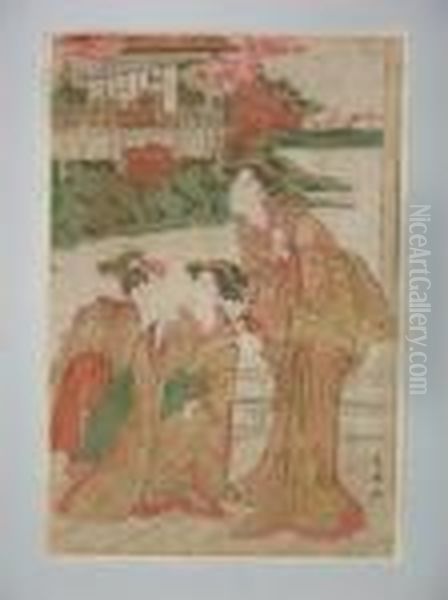 Trois Jeunes Femmes Sur Une Engawa Oil Painting by Toyokuni