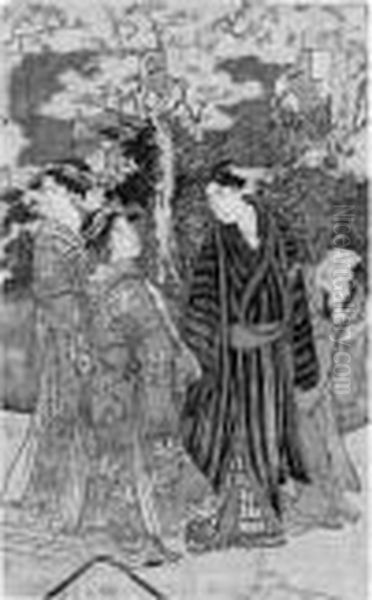 Oban
. Blatt Aus Einem Triptychon. Junger Gast Flaniert In Begleitung Von Zwei 
Shinzo
 Und Eines 
Takomochi
 Auf Dem Nakanocho, Der Hauptstrase Des Yoshiwara, Zur Kirschblutezeit. Unbezeichnet.
 Ex Slg. Fedor Sibeth
 Sehr Guter Druck, Etwas Verbla Oil Painting by Toyokuni