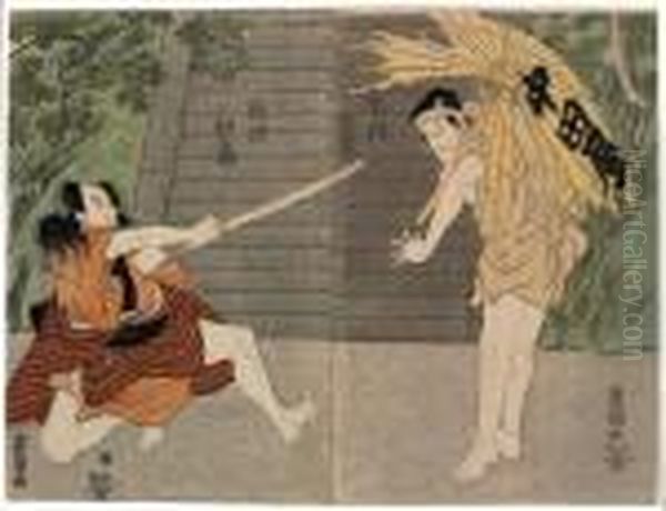 Zwei 
Oban
, Diptychon. Szene Aus Einem Theaterstuck. Vor Einer Treppe Steht 
Ichikawa Ichizo I Mit Einem Zerrissenen Schirm, Auf Dem Der Name 
Nakataya Geschrieben Steht. Ogino Isaburo Ii Greift Ihn Aus Gehockter 
Position Mit Einem Schwert An. Bez. Oil Painting by Toyokuni