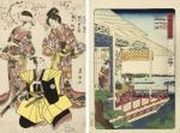 Oban Tate-e, A Print Depicting 
Three Actors Including Onoye Mutsusuke, One Holding A Telescope; 
Hiroshige Ii , Oban Tate-e, 'shokoku Meisho Hyakkei' , With A Courtesan 
Seated On A Terrace Holding A Telescope; Hiroshige And Kunisada , Oban 
Tate-e;  Oil Painting by Toyokuni