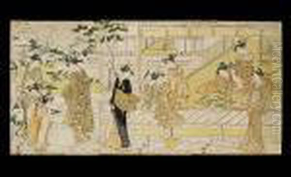 A Triptych From An Untitled 
Series Depicting Beauties Trimming Potted Bonsai Trees On An Engawa In 
Snowscape, Parodying The Noh Play ````hachi No Ki', Censor's Seal 
Kiwame, Publisher's Mark Of Nishimuraya Yohachi, Signed Toyokuni Ga. Oil Painting by Toyokuni