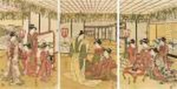 A Young Samurai Surrounded By A 
Group Of Admiring Women, Signed Toyokuni Ga , Censor's Seal Kiwame Oil Painting by Toyokuni