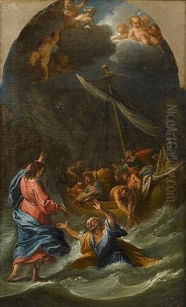 Christ Walking On The Water; And
 The Institution Of The Eucharist, Both In Painted Arches Oil Painting by Francesco Trevisani