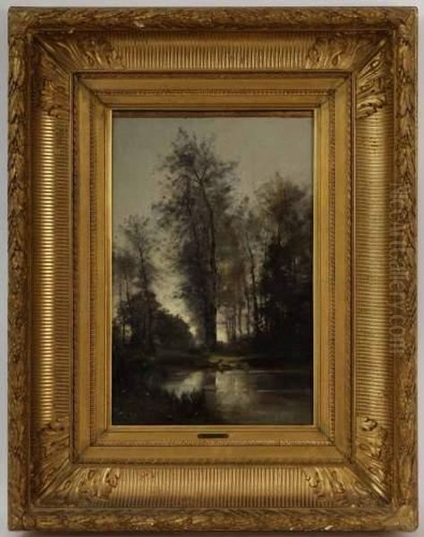 Attr. A, Allee De Bouleaux Au Bord De L'etang Oil Painting by Paul Trouillebert