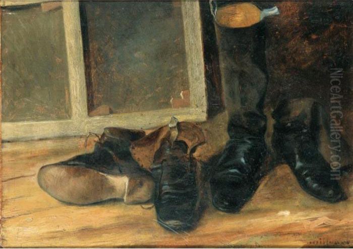 Bottes Et Chaussures [ ; Still 
Life With Boots ; Oil On Cardboard ; Signed Lower Right Trouillebert And
 Inscribed On The Reverse By Marie Trouillebert A Monsieur Gautiez En 
Souvenir De Mon Cher Mari / Marie Trouillebert / 6 Juillet 1904] Oil Painting by Paul Trouillebert
