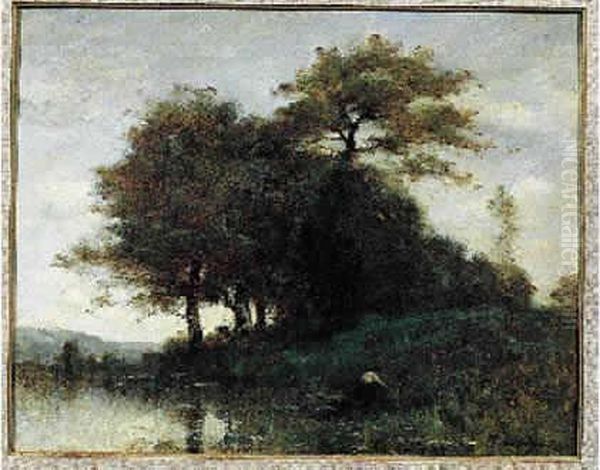 . Barque Au Bord De L'etang. Huile Sur Toile Signee En
 Bas A Droite.56 X 72 Cm Oil Painting by Paul Trouillebert