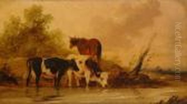 Attributed Cows And Horse Near The Watering Place Oil Painting by Constant Troyon