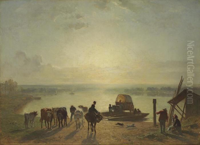 Unloading The Ferry, Sunset Oil Painting by Constant Troyon