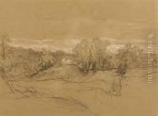 Le Chemin De Roclose Pierre 
Noire Et Rehauts De Blanc Sur Papier Beige. Portait Une Inscription Sur 
L'ancien Montage Chemin En Roclose Pereta Da Ponat C. Troyon H_22,5 Cm 
L_30 Cm Oil Painting by Constant Troyon