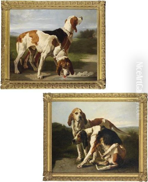 Two Tethered Hounds, One 
Drinking Water, In A Landscape; And Two Tethered Hounds, One Sitting, In
 A Landscape Oil Painting by Constant Troyon