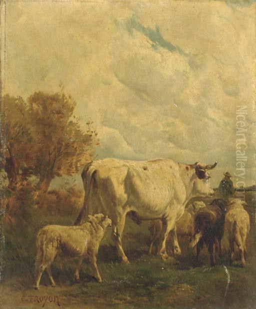 A Herder With His Cattle In A Landscape Oil Painting by Constant Troyon
